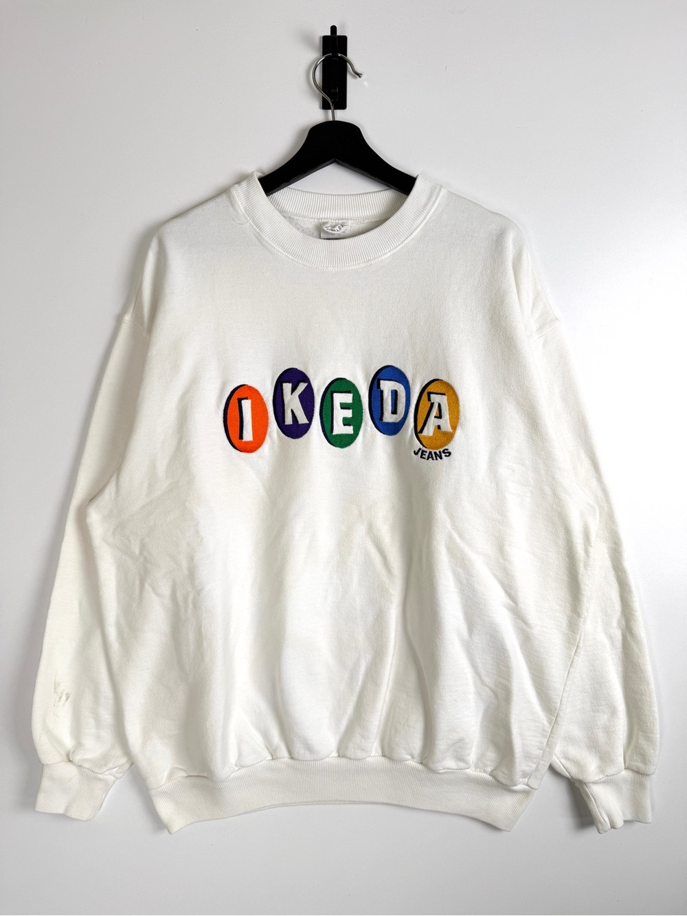 Vintage Ikeda Jeans Sample Embroidered Crewneck Sweatshirt Large White 90s